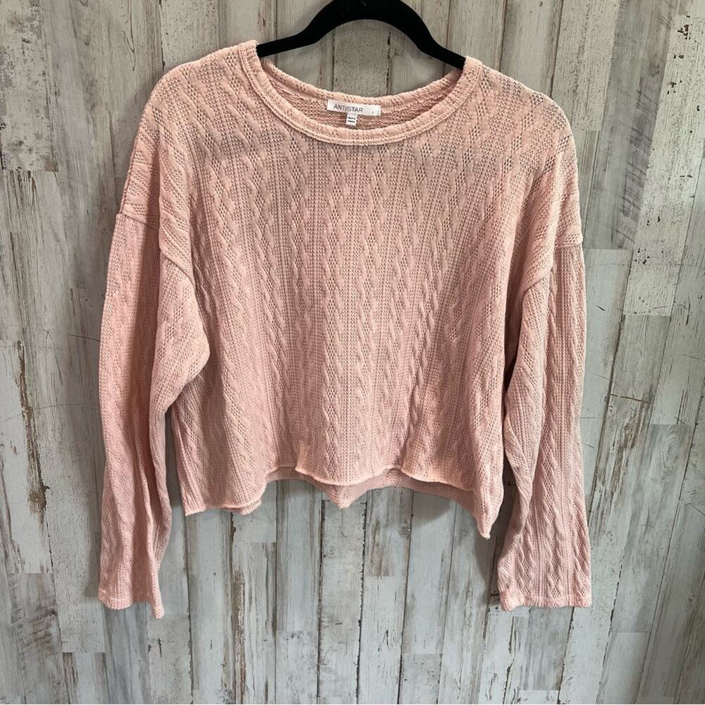 Antistar Pink Textured Knit Cropped Long Sleeve Tshirt